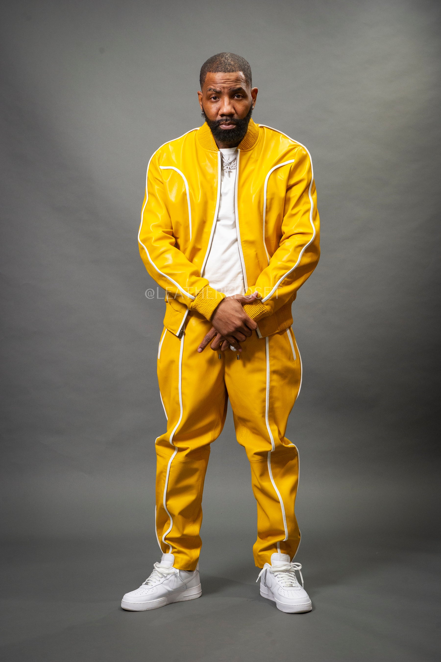 Men's Brayden Leather Track Suit Sweatsuit [Yellow/White