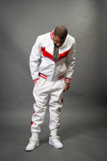 Men's V-Baseball Leather Track Suit Sweatsuit [White/Red]