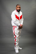 Men's V-Baseball Leather Track Suit Sweatsuit [White/Red]