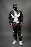 Men's V-Baseball Leather Track Suit Sweatsuit [Black/White]