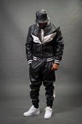 Men's V-Baseball Leather Track Suit Sweatsuit [Black/White]