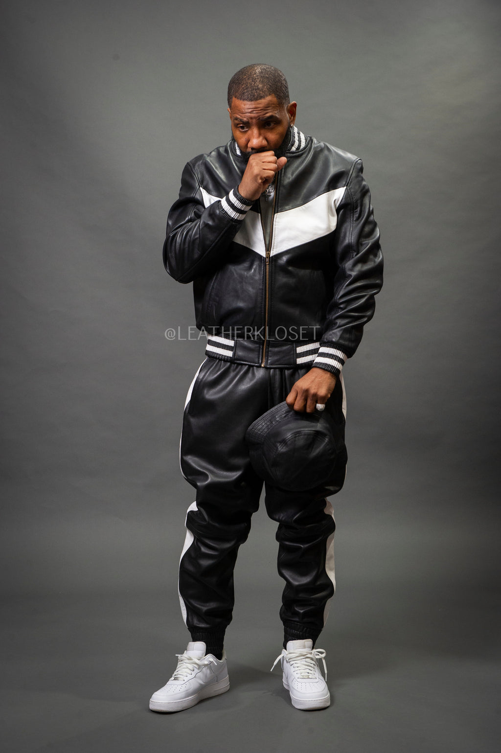 Men's V-Baseball Leather Track Suit Sweatsuit [Black/White]