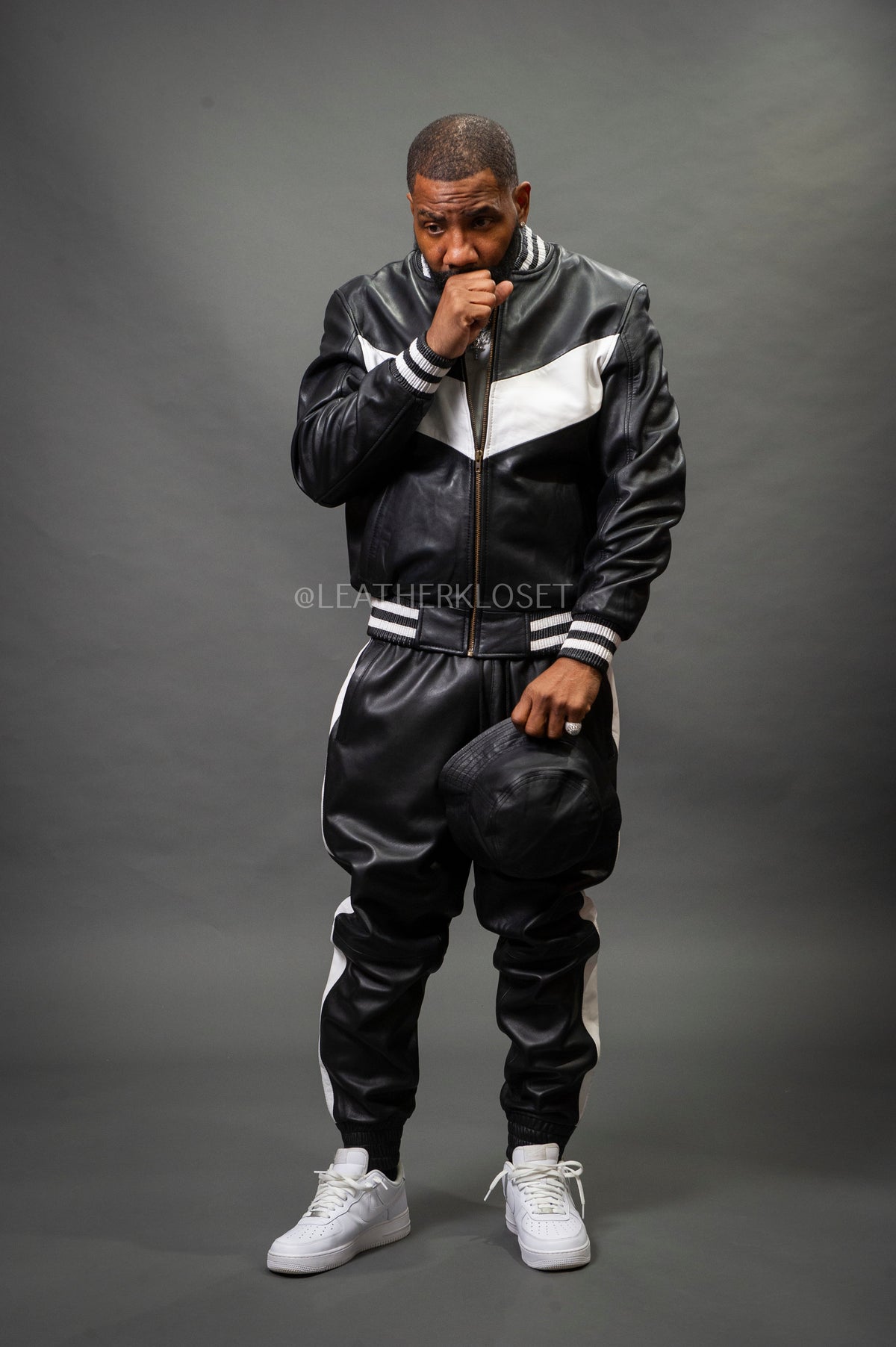 Men's V-Baseball Leather Track Suit Sweatsuit [Black/White]