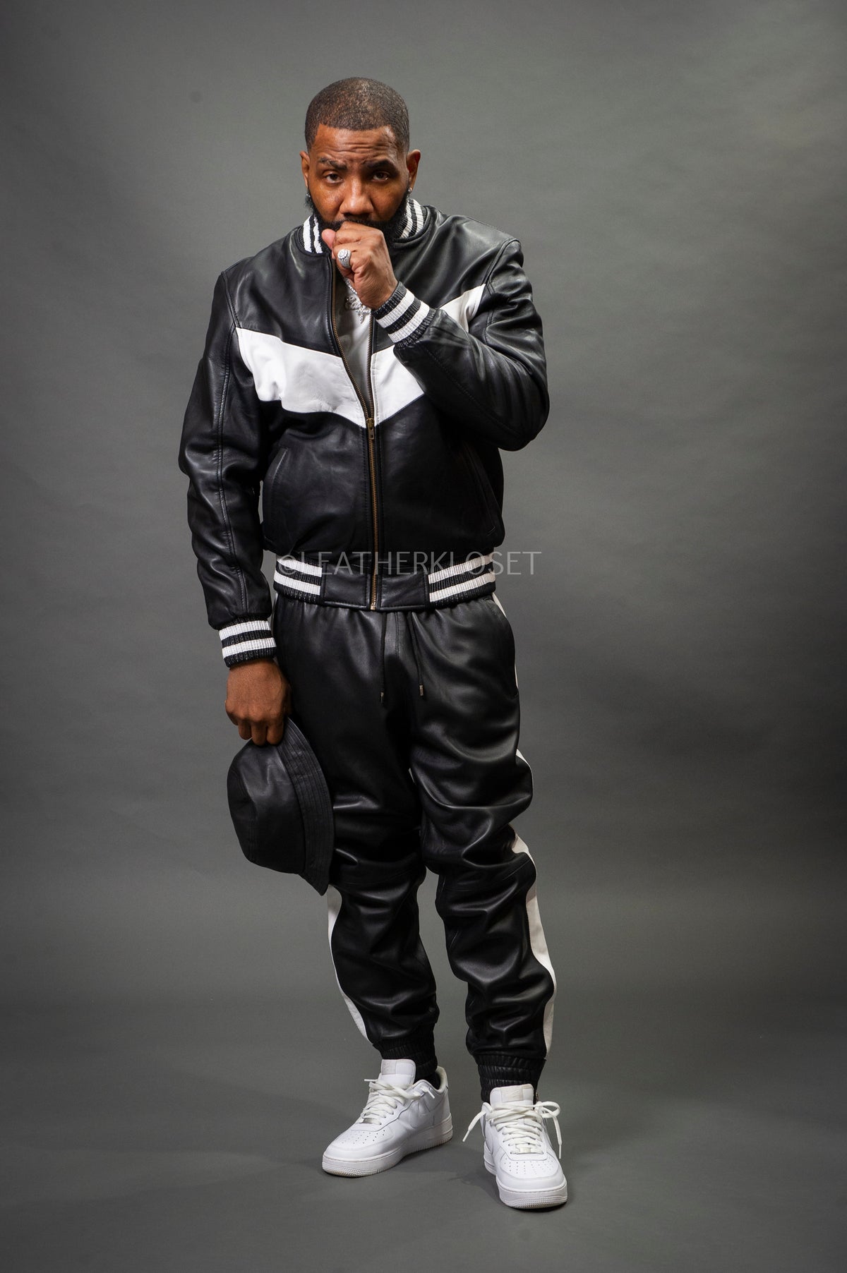Men's V-Baseball Leather Track Suit Sweatsuit [Black/White]