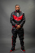 Men's V-Baseball Leather Track Suit Sweatsuit [Black/Red]