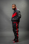Men's V-Baseball Leather Track Suit Sweatsuit [Black/Red]