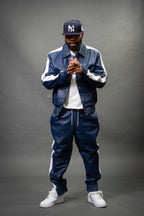 Men's Leather Track Suit Sweatsuit [Navy Blue/White]