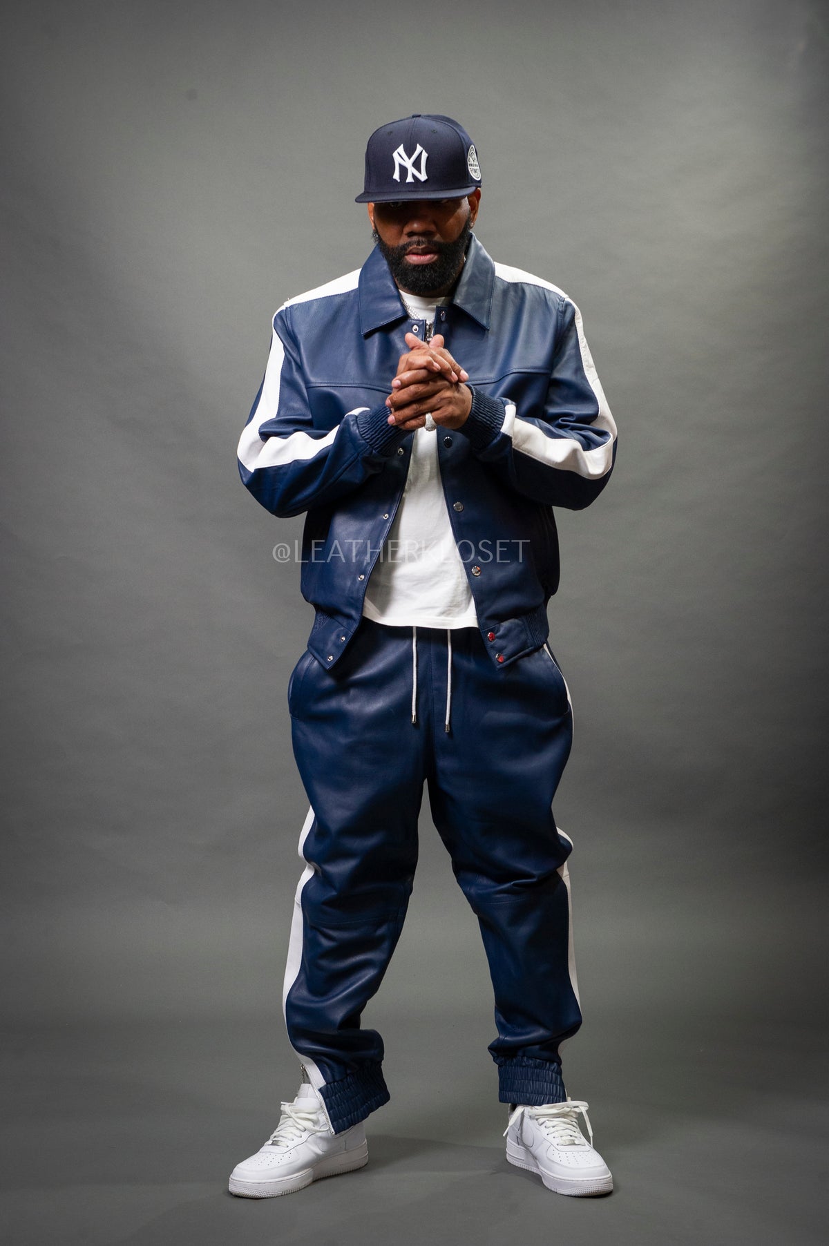 Men's Leather Track Suit Sweatsuit [Navy Blue/White]