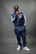 Men's Leather Track Suit Sweatsuit [Navy Blue/White]
