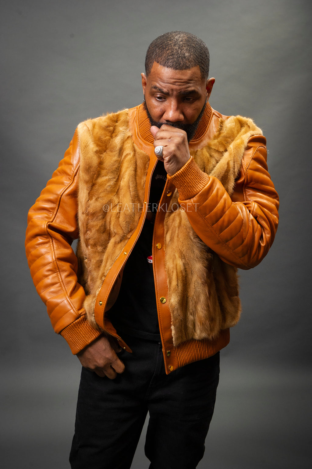 Men's Mink And Leather Combo Jacket [Whiskey]