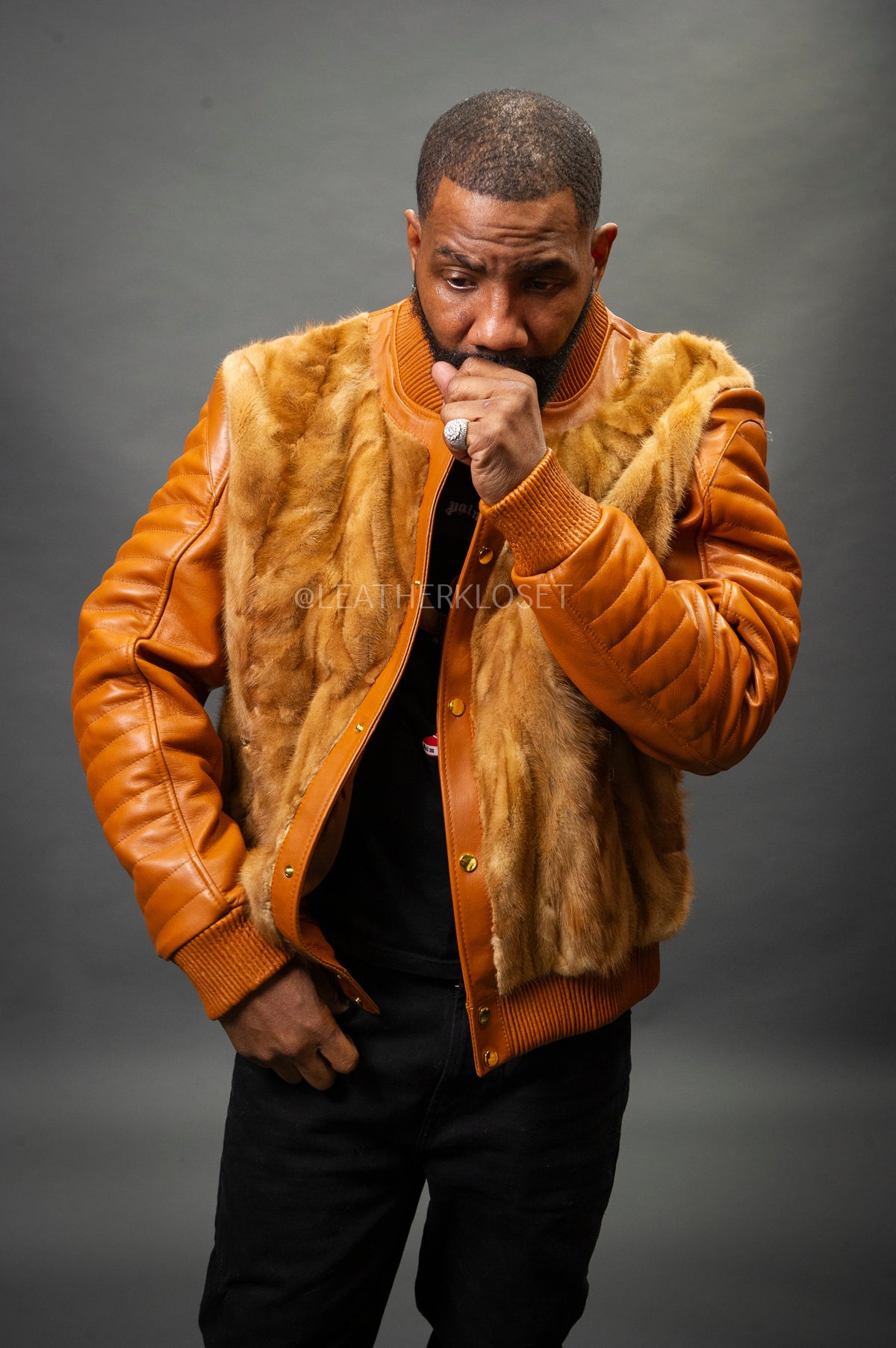 Men's Mink And Leather Combo Jacket [Whiskey]
