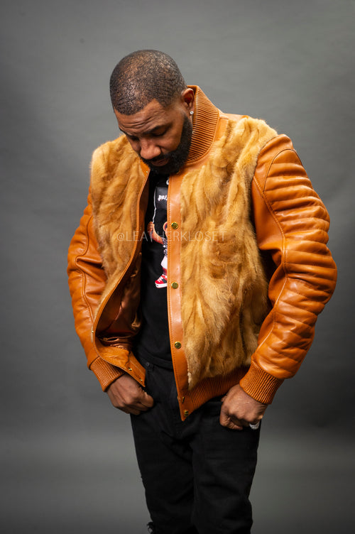 Men's Mink And Leather Combo Jacket [Whiskey]