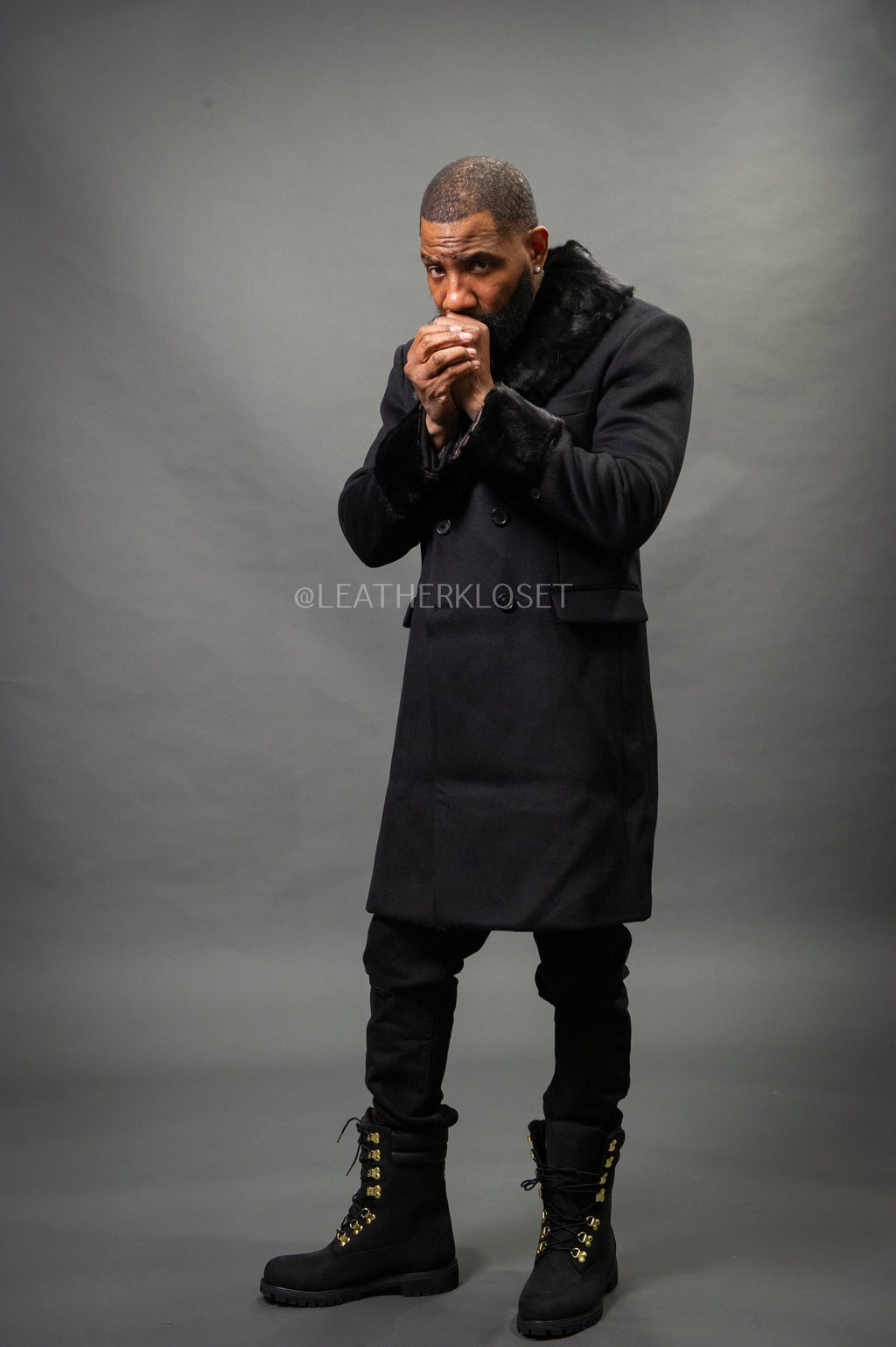 Men's Cashmere Trench Coat Black With Mink Collar & Cuffs [Black]