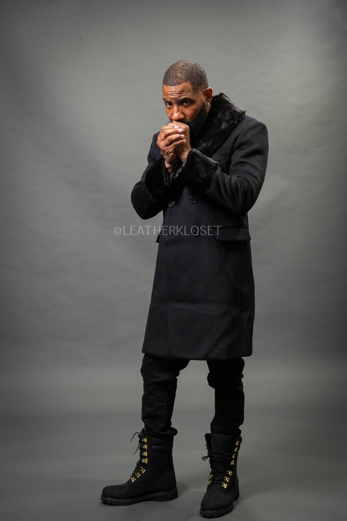 Men's Cashmere Trench Coat Black With Mink Collar & Cuffs [Black]