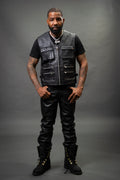 Men's Leather Tactical Vest With Leather Pants Black [Slim-Cut]