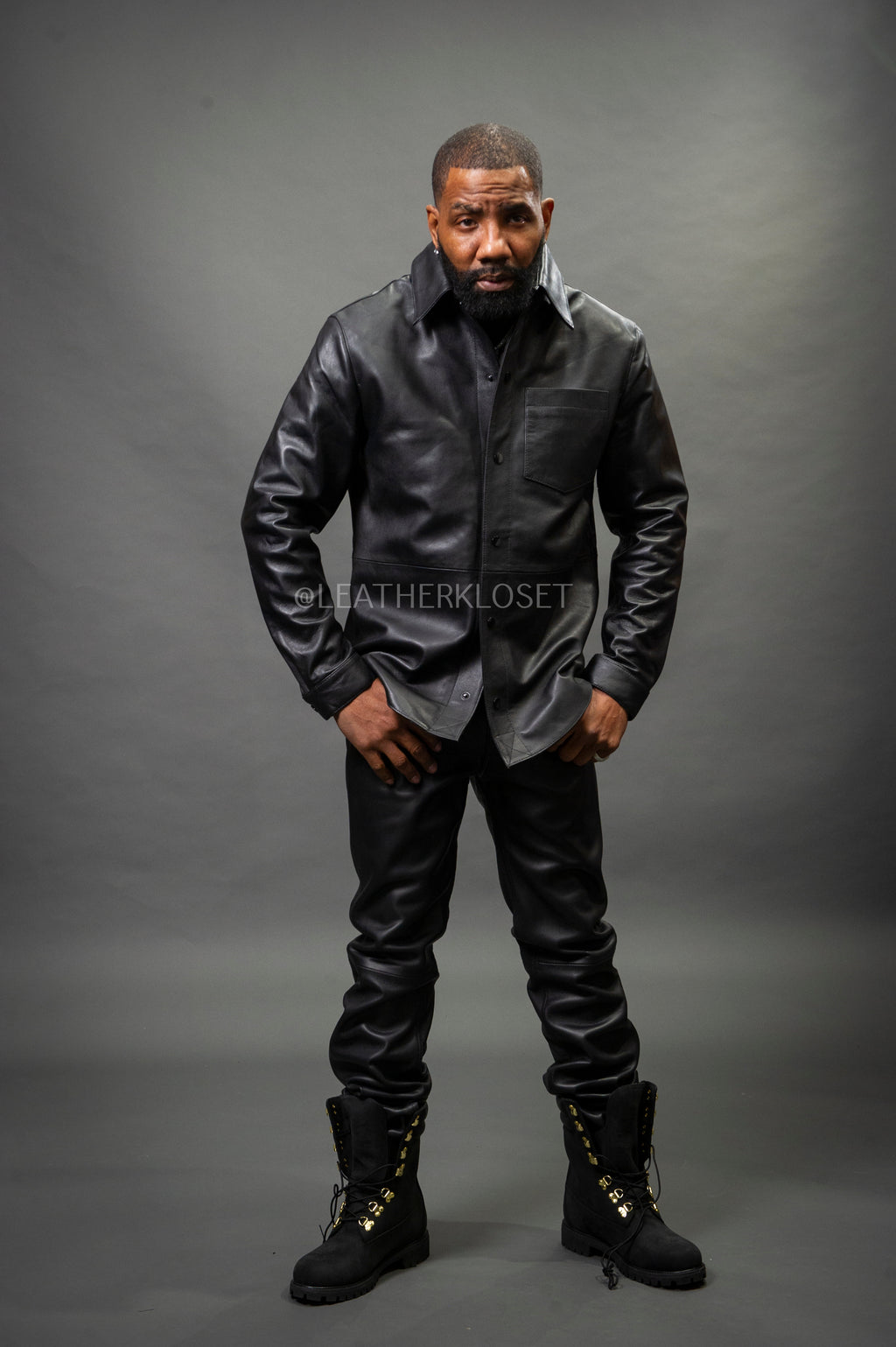 Men's Luka Leather Shirt And Pants Set [Black]