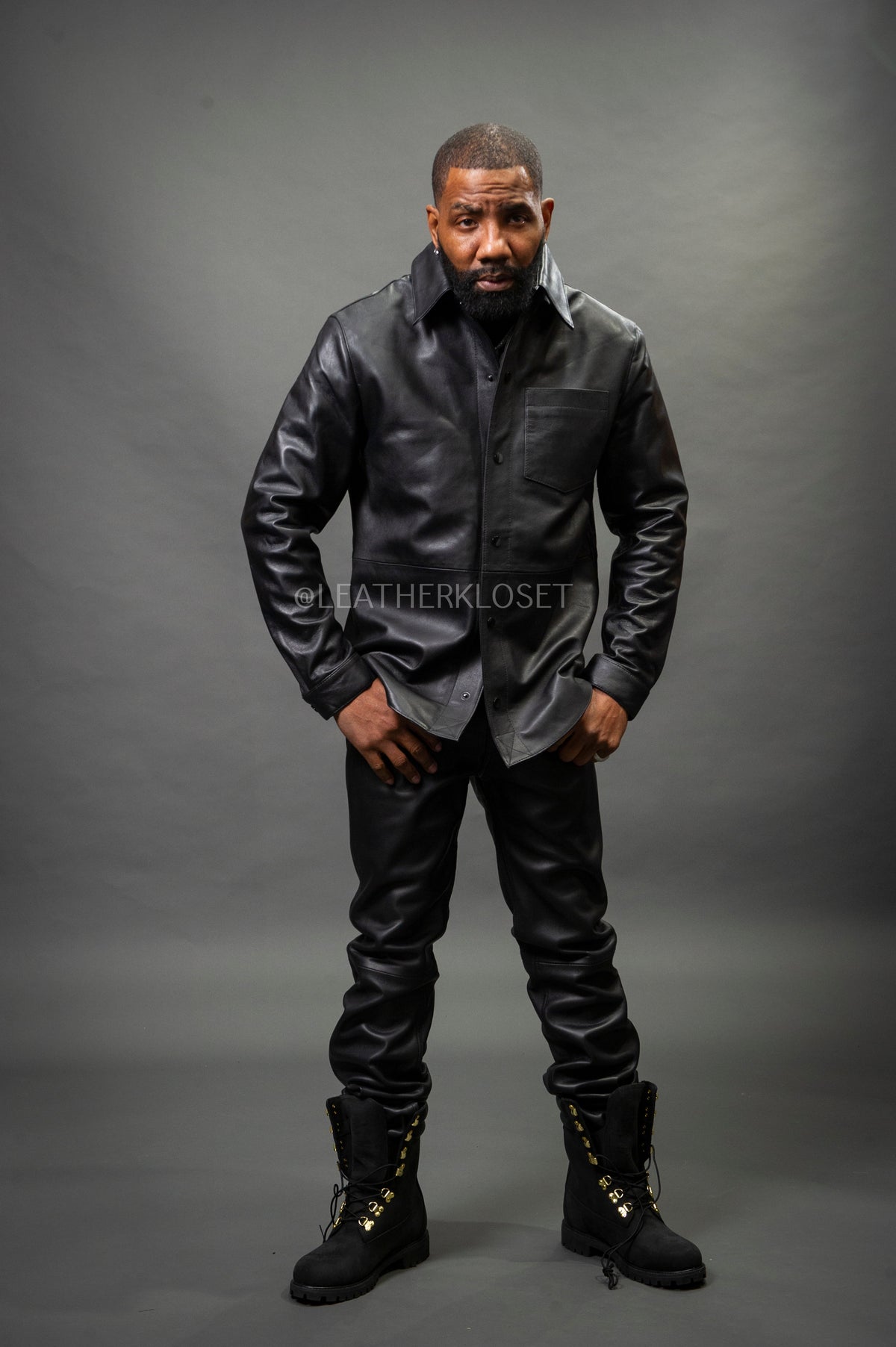 Men's Luka Leather Shirt And Pants Set [Black]