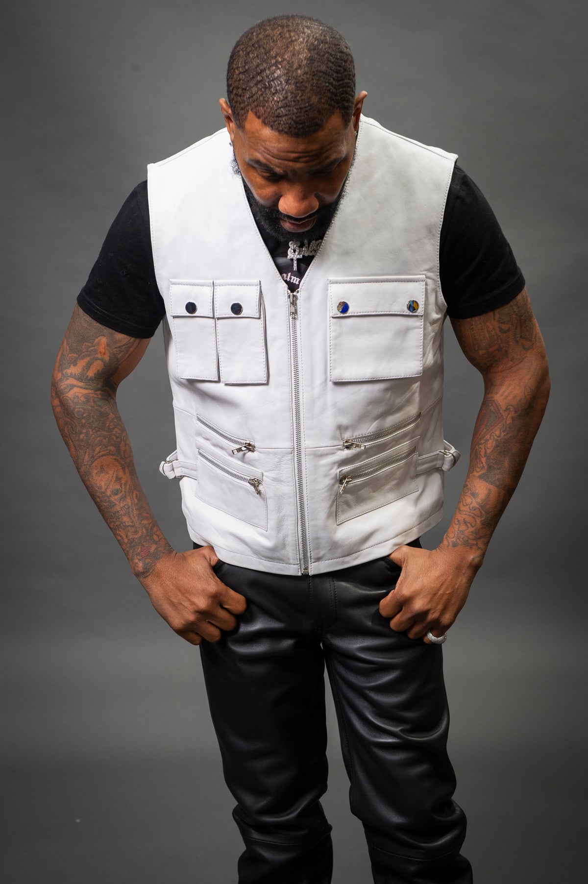 Men's Leather Tactical Vest White [Slim-Cut]