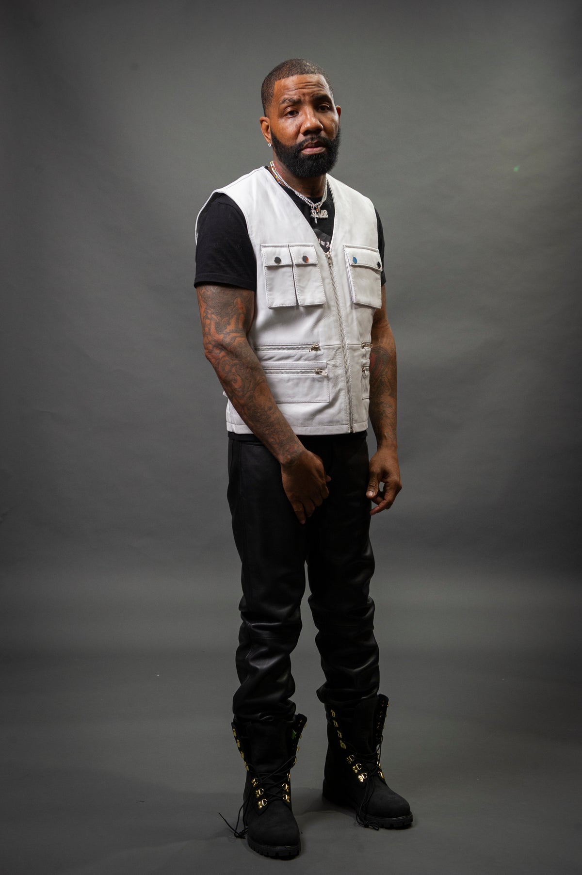 Men's Leather Tactical Vest White [Slim-Cut]