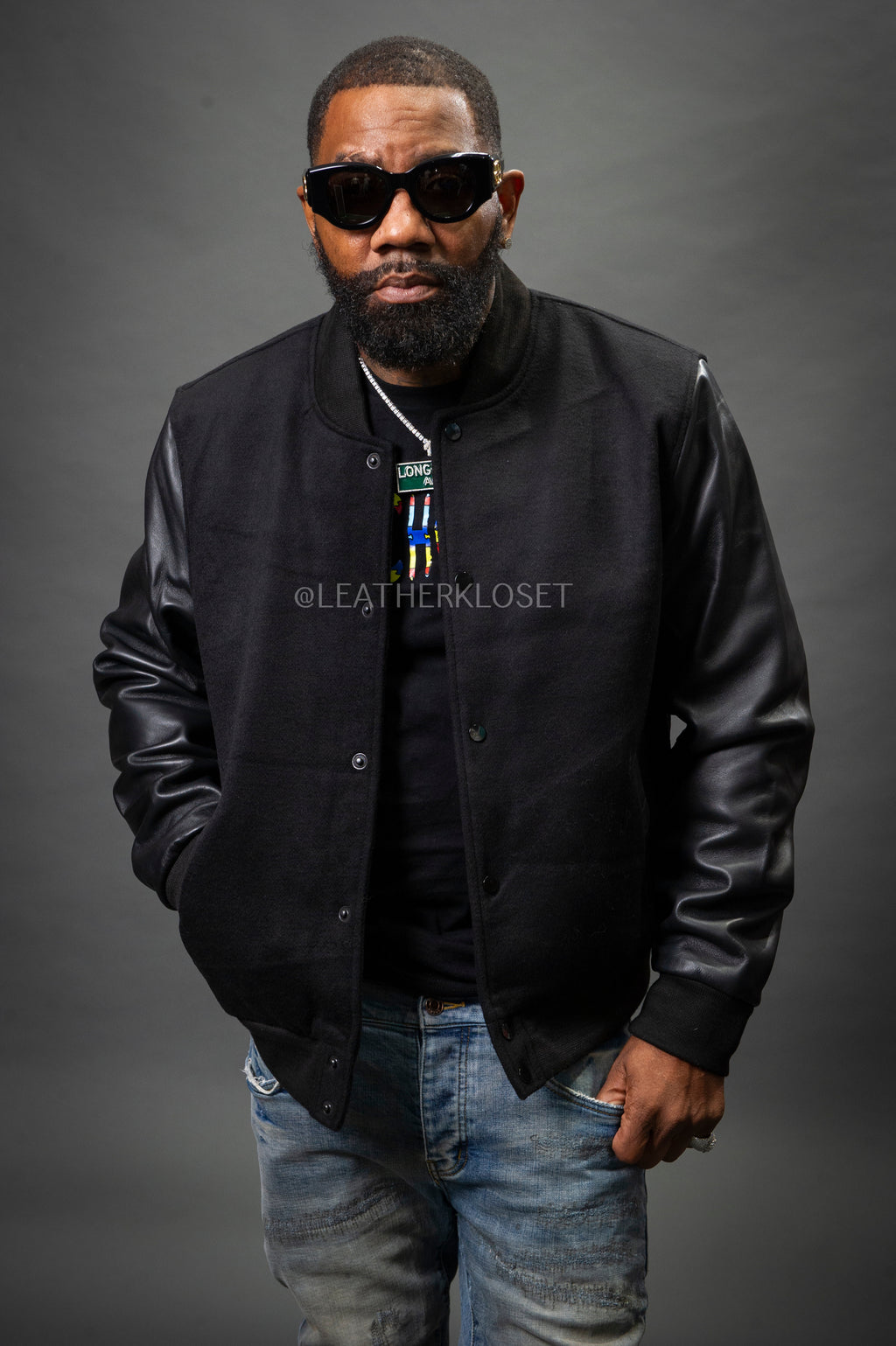Men's Classic Wool And Leather Varsity Jacket [Black]