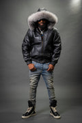 Men's Classic Baseball Jacket With Fox Hood [Black/Silver Fox]