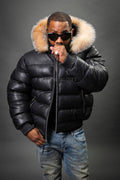 Men’s Aspen Leather Bubble Bomber Jacket [Black/Crystal]