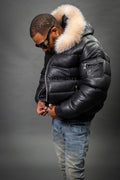 Men’s Aspen Leather Bubble Bomber Jacket [Black/Crystal]