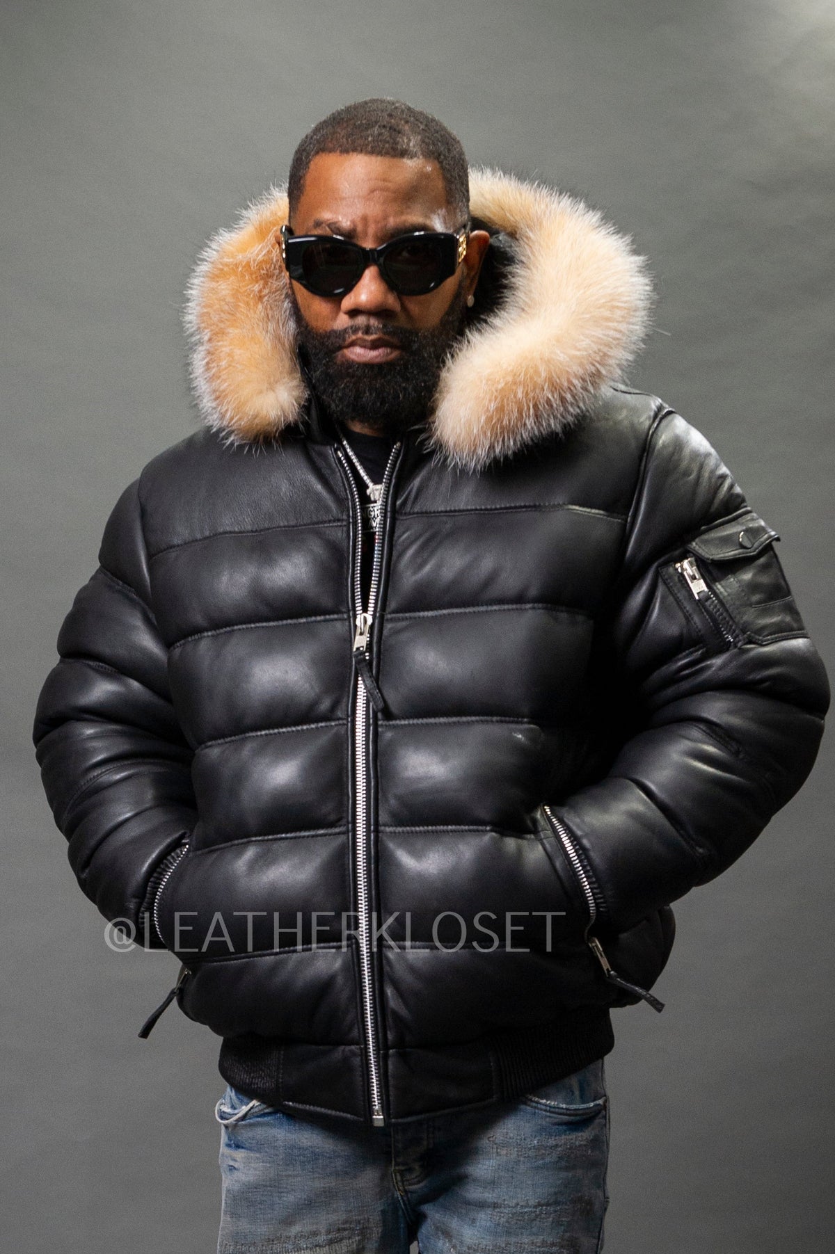 Men’s Aspen Leather Bubble Bomber Jacket [Black/Crystal]
