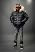 Men’s Aspen Leather Bubble Bomber Jacket [Black/Crystal]