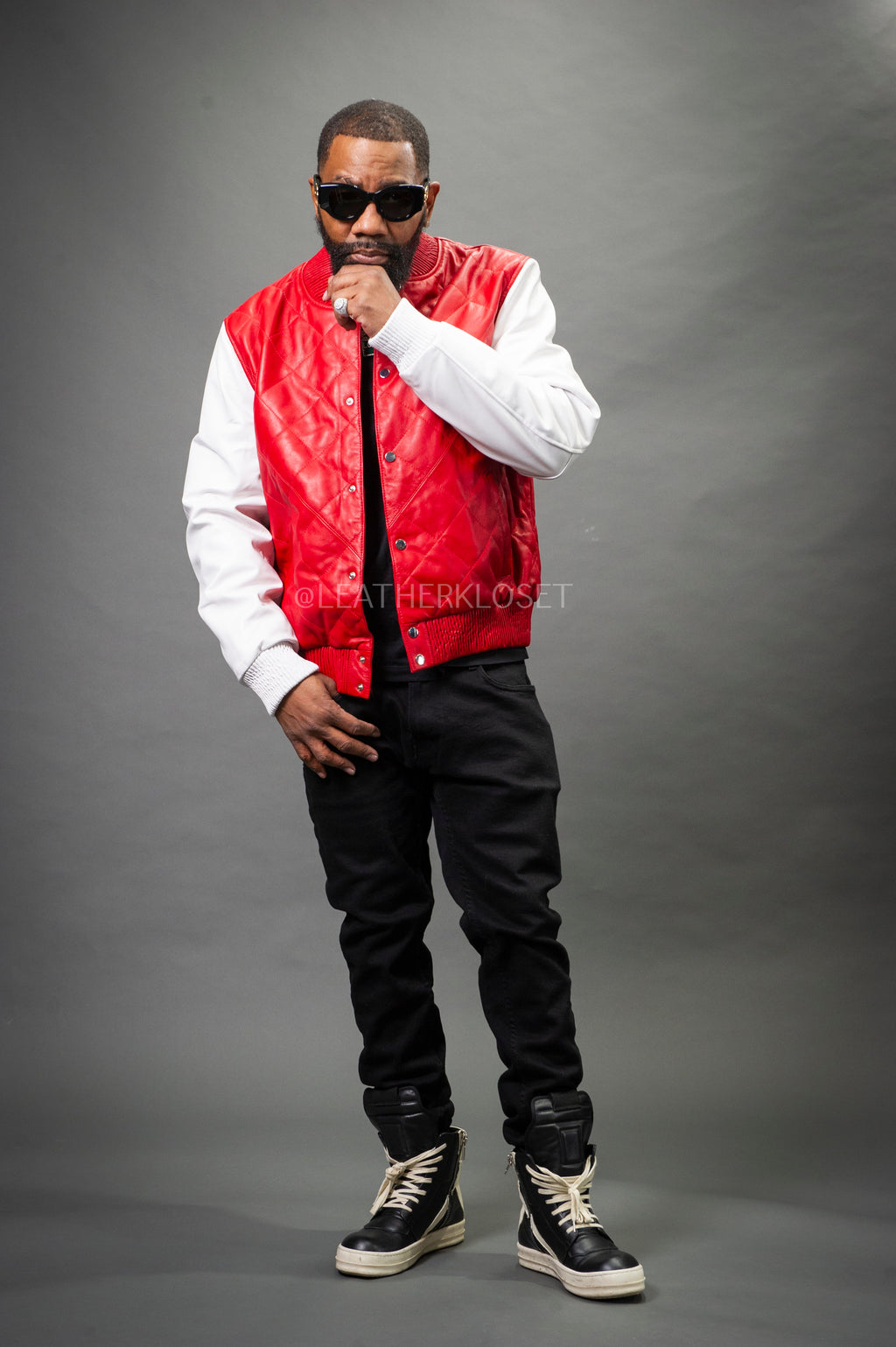 Men's Adan All-Leather Varsity Jacket [Red/White]