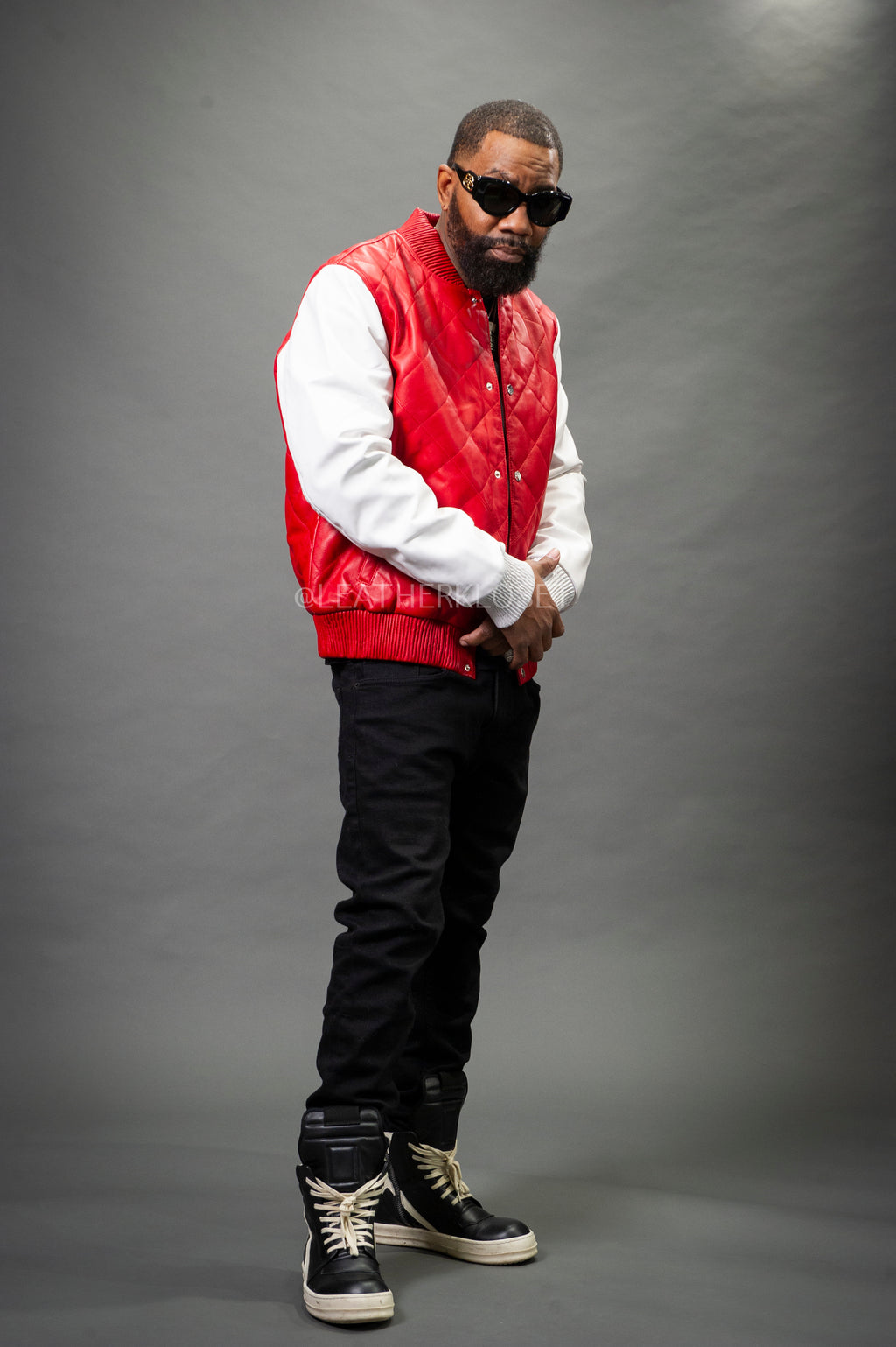 Men's Adan All-Leather Varsity Jacket [Red/White]