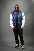 Men's Adan All-Leather Varsity Jacket [Navy/White]