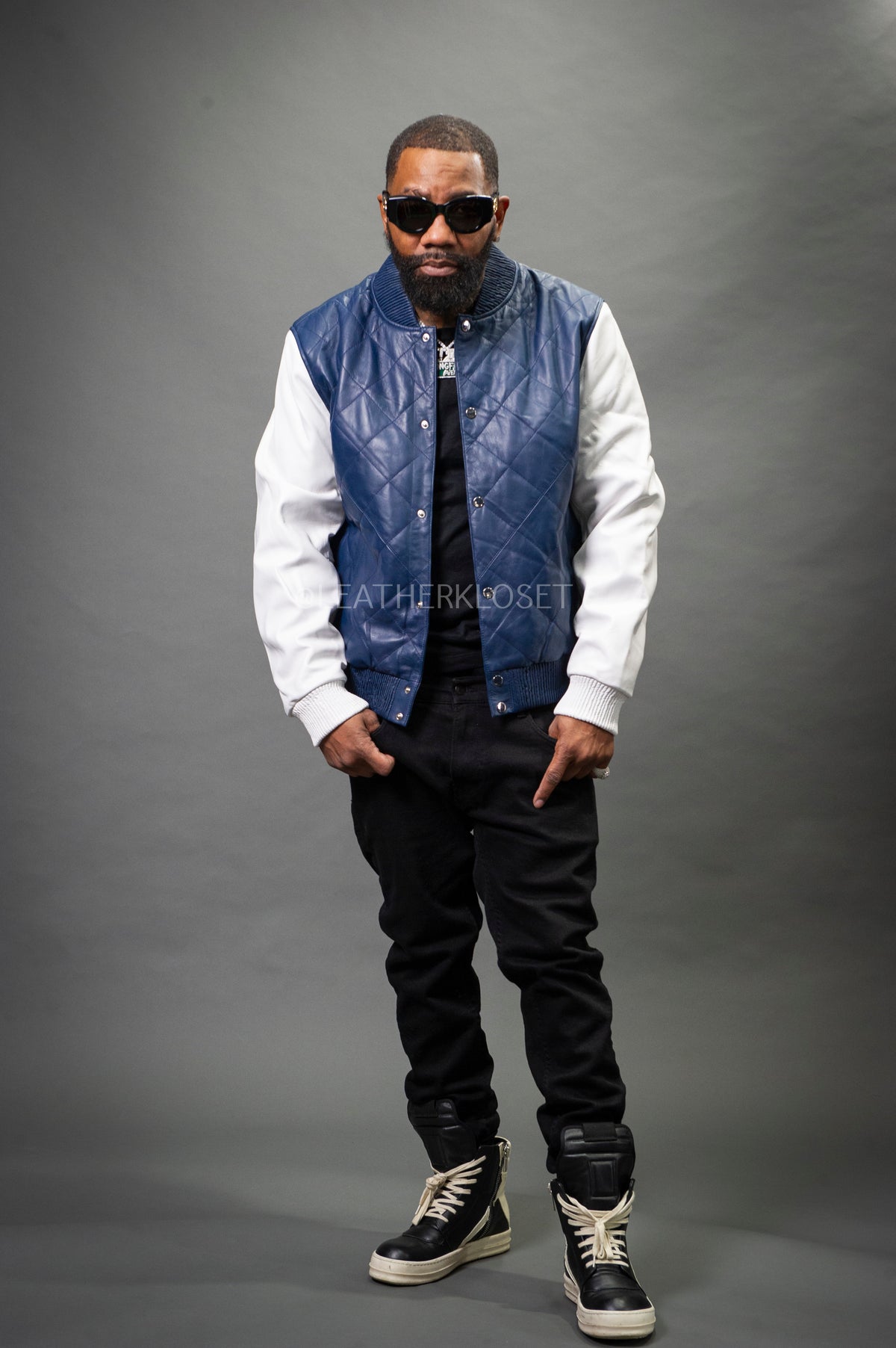 Men's Adan All-Leather Varsity Jacket [Navy/White]
