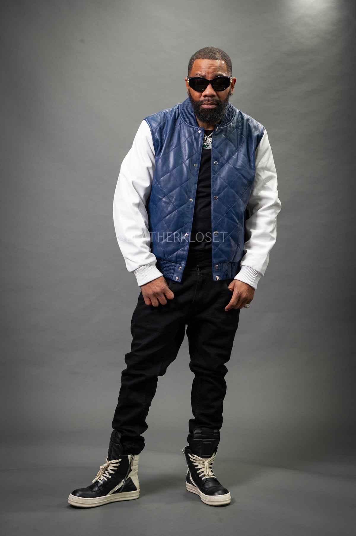 Men's Adan All-Leather Varsity Jacket [Navy/White]
