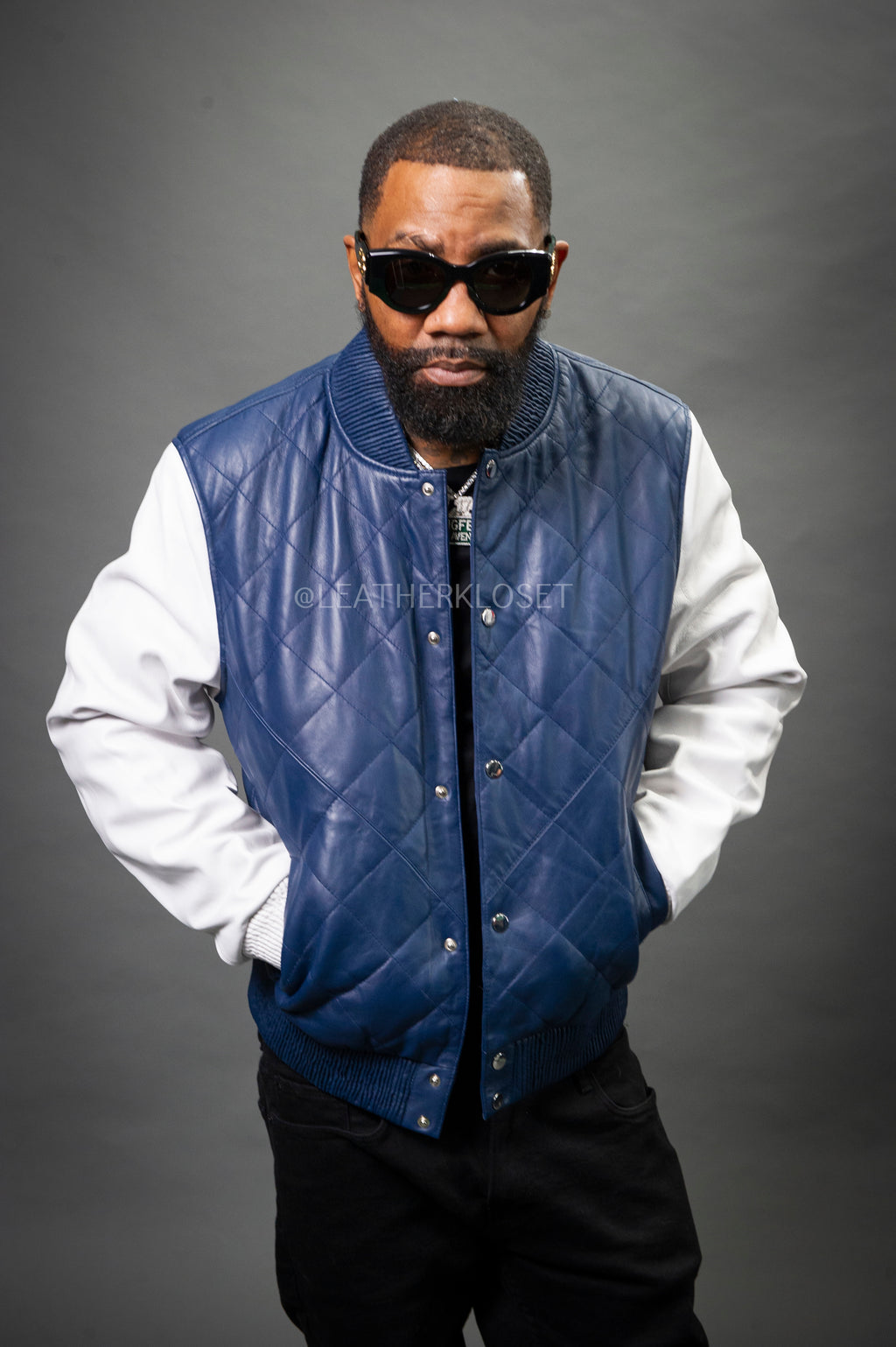 Men's Adan All-Leather Varsity Jacket [Navy/White]