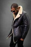 Men's London Shearling Pea Coat [Black/Beige]