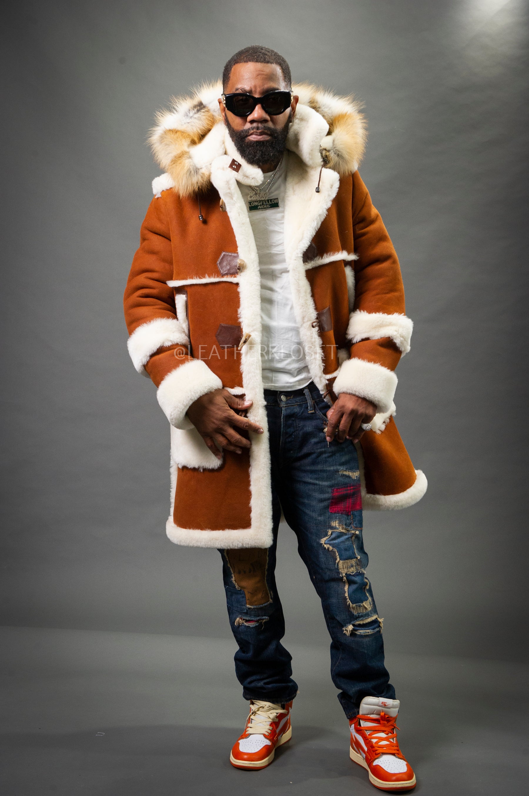 Aussie-Leather Men's Brown Genuine Sheepskin Leather Duffle Coat - Hooded, Trench Style, Winter