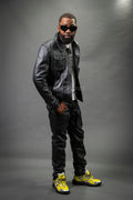 Men's Dylan Leather Jean Jacket And Cargo Pants Set [Black]