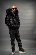 Men's Mink Bomber Jacket With Attached Hood [Black]