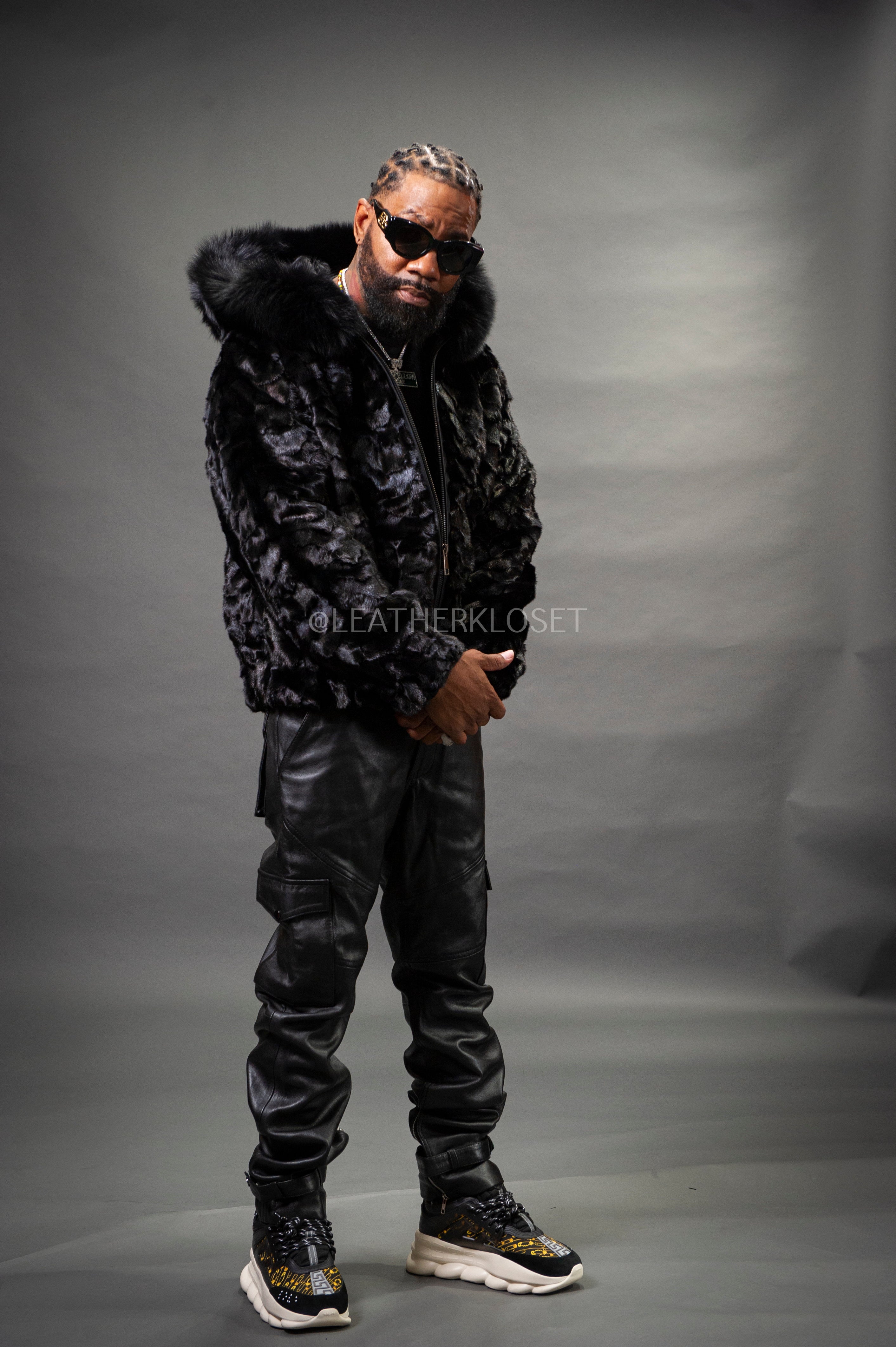 Men's Mink Bomber Jacket With Attached Hood [Black] – LeatherKloset