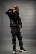 Men's Mink Bomber Jacket With Attached Hood [Black]