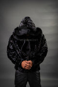 Men's Mink Bomber Jacket With Attached Hood [Black]