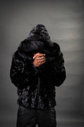 Men's Mink Bomber Jacket With Attached Hood [Black]