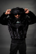 Men's Mink Bomber Jacket With Attached Hood [Black]