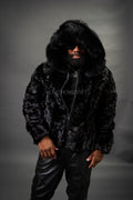 Men's Mink Bomber Jacket With Attached Hood [Black]