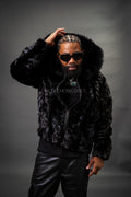 Men's Mink Bomber Jacket With Attached Hood [Black]