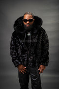 Men's Mink Bomber Jacket With Attached Hood [Black]