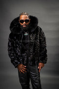 Men's Mink Bomber Jacket With Attached Hood [Black]