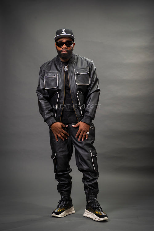 Men's Tron Leather Track Suit Sweatsuit [Black/White]