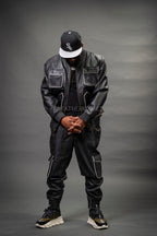 Men's Tron Leather Track Suit Sweatsuit [Black/White]
